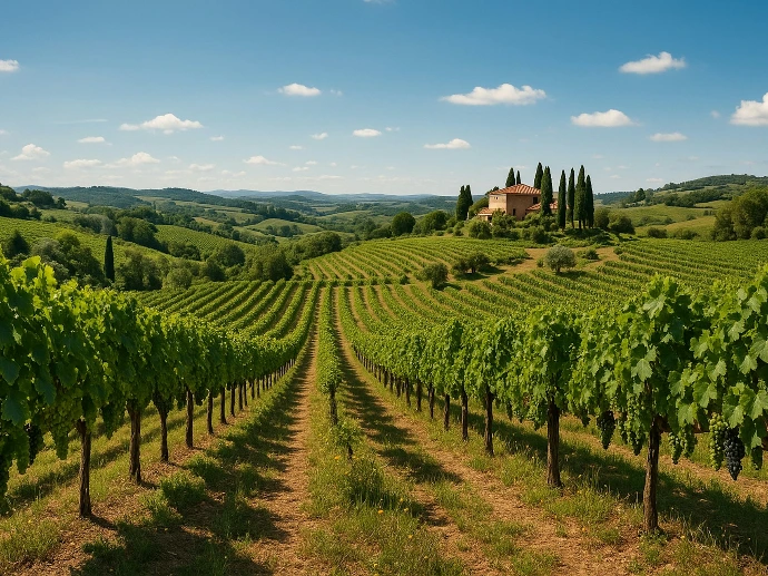 Vineyard rows lead to a beautiful tuscan villa.