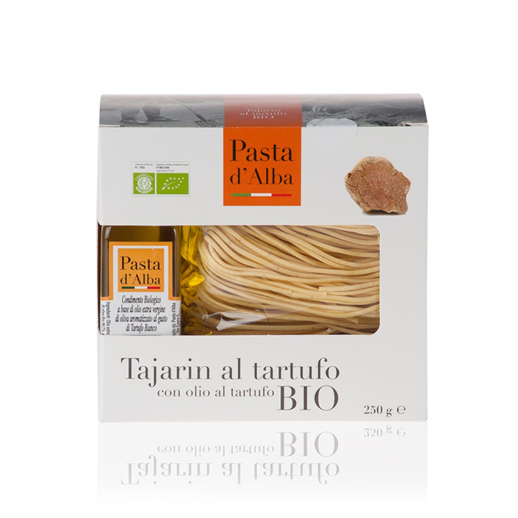 Tajarin all'uovo traditionele eierpasta uit Piemonte met truffel en olijfolie extra vergine al tartufo truffelolie box 250g + 65ml