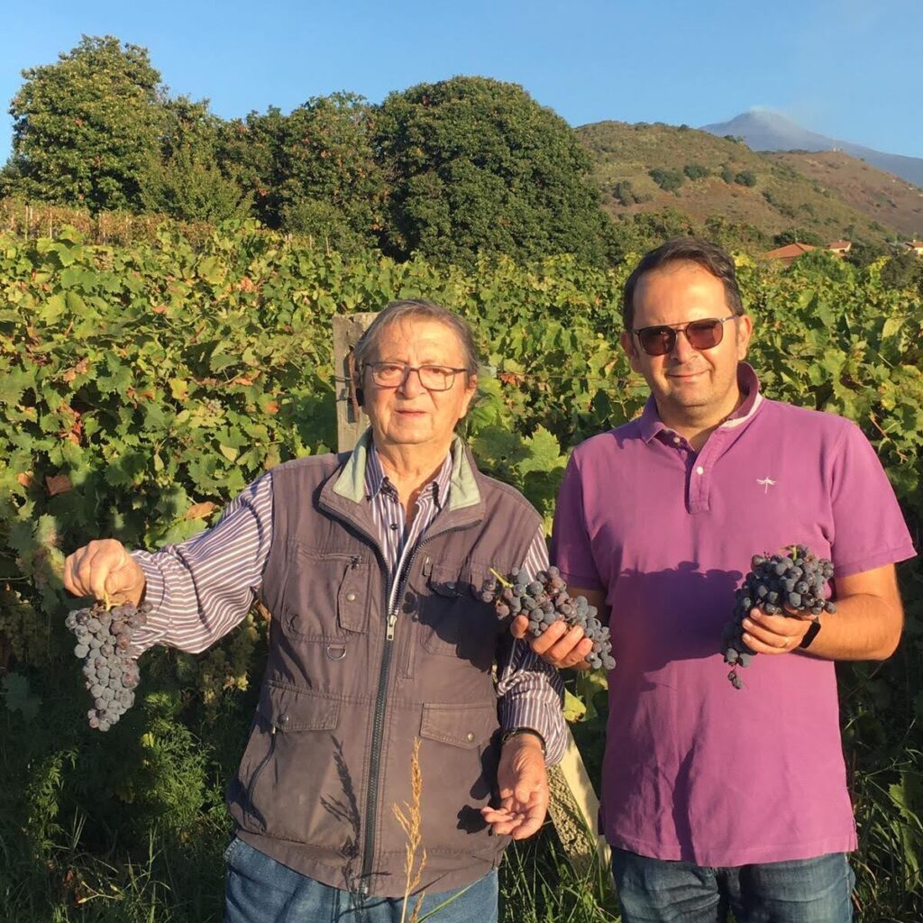 Terra Costantino Fabio and Dino Costantino in de wijngaarden met druiventrossen